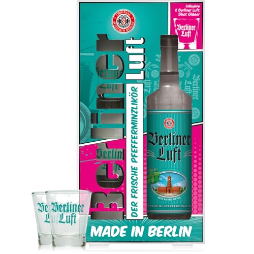 Berliner Luft Geschenkset | Kultiger Pfefferminzlikör inkl. 2 Shot-Gläser | Frisch, klar & aromatisch | Vegan & glutenfrei | Made in Berlin | 18% Vol. | 0,7 L
