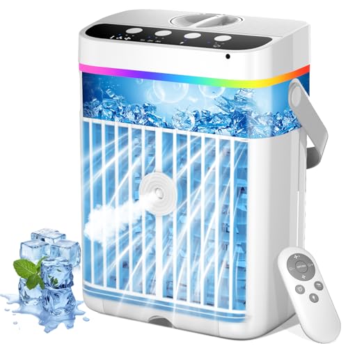 Mobile Klimaanlage, 1250ml Mini Klimaanlage, USB 4 in 1 Tragbare Mobile Klimagerät mit 1/2/3 H Timer, 3 Geschwindigkeiten & 3 Nebelmodi, 7 Farben Mini Luftkühler für Hause, Büro