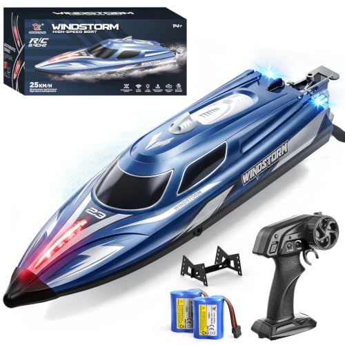 YESHIN Ferngesteuertes Boot 25 km/h, 2,4 GHz RC Boot mit LED-Lichtern | 150 m Bedienabstand, Automatischer Flip-Funktion, Wasserdicht & Kentersicher, für Pool & Seen, Geschenk für Kinder&Erwachsene
