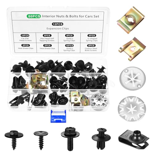 80 Stück Blechmutter Schraube Mutter Clip Kit, mit Klemmscheiben Hitzeschutzblech, U Type Karosserie Clips & Karosserieschrauben, Auto Befestigungsbox Set für Befestigen & Reparieren Autoteil