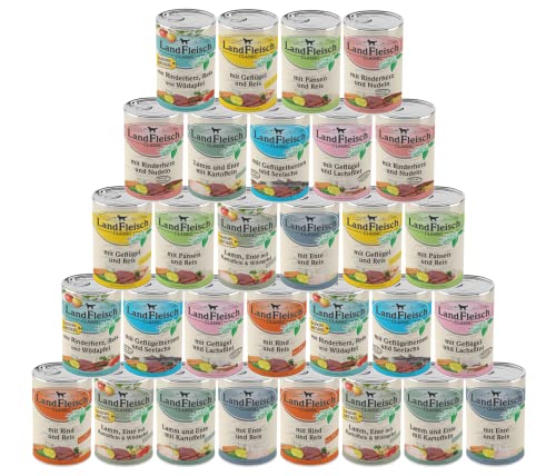 Landfleisch Classic 30 x 400g | Garantierter 10-Sorten-Mix | Mit hochwertigem Fleisch, Rapsöl (Omega-3 & 6), ohne Gluten, Zucker, GVO & Soja | Nassfutter für Hunde