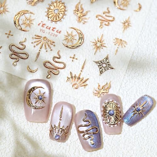 JMEOWIO 3D Nagelsticker Goldmond Stern Schlange Nail Art Sticker Selbstklebend Nagelaufkleber 5D Stereoskopisch Dekoration Nageldesign Zubehör 1 Blatt