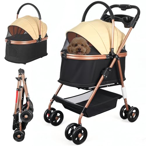 Luvore Hundewagen 3-in-1, Hundebuggy bis 20kg, 360°Drehrädern mit Sicherheitsgurte Feststellbremse Ablagekorb Getränkehalter für kleine Hunde Katz