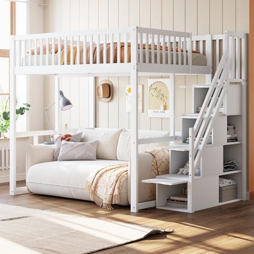 MOBETTRES Hochbett mit Sicherheitsaufbewahrungsleiter, Sicherheitsumrandung, Bettgestell aus massiver Kiefer, Geeignet für Kinder, Jugendliche und Erwachsene (Weiß, 140x200cm)