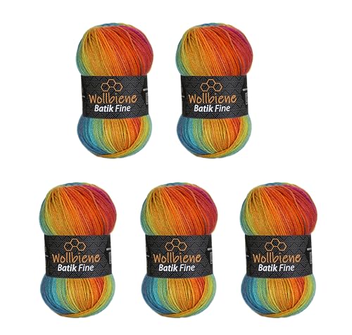 5 x 100g Wollbiene Batik Fine 500 Gramm Wolle mit Farbverlauf mehrfarbig Multicolor Strickwolle Häkelwolle (2060 beere orange grün türkis)