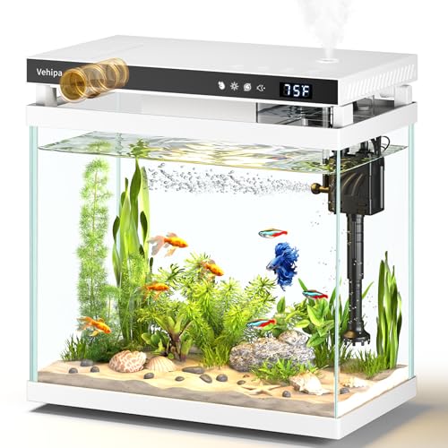 Vehipa 8L Aquarium, Klein Aquarium Komplettset mit 7-Farben LED-Beleuchtung, Automatischer Zuführer, intelligentem Luftbefeuchter, Temperaturanzeige, Leise Pumpe, Weiß