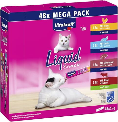 Vitakraft Liquid Snack für Katzen, Katzen Leckerlis im Mega Pack (48x15g), cremige Textur, mit Rind, mit Huhn, mit Lachs, 1 Vorratspackung
