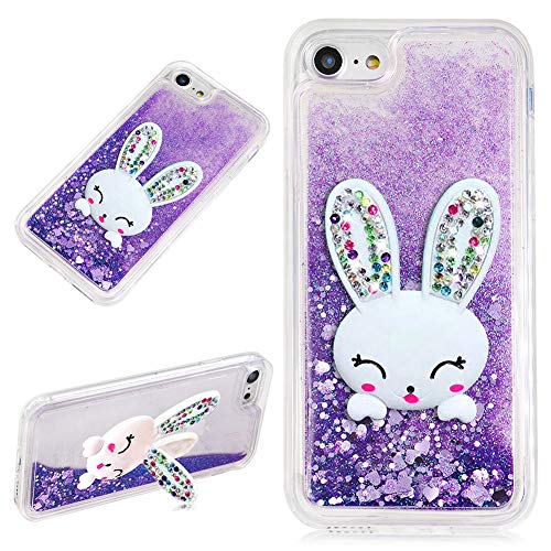 LCHDA für iPhone 6 Plus 6S Plus Glitzer Flüssig Hülle Lila Mit Hasen Ohren handyhüllen Flüssigkeit Wasserfall Farbverlauf Sternen Süß 3D Karikatur Hase Stand Transparent Silikon Bumper Schutzhülle