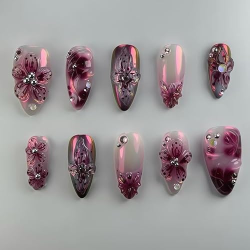 MouyouGlow Press on Nails Kurz,Almond Weiß Dunkel Violett 3D Blumen Floral French Diamant Design Mandel Y2k Fake Nails mit Nagelkleber,Dark Purple Flowers Herbst Strass INS Künstliche Fingernägel