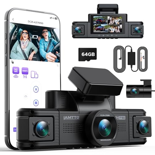 LAMTTO 4 Kanal Dashcam Auto 360 Grad, Dash Cam 2K Vorne 1080P Hinten Innen Seiten Autokamera mit 5GHz WiFi App, Parkraumüberwachung, G-Sensor & IR-Nachtsicht, Inkl. 64 GB Karte & Hardwire-Kit