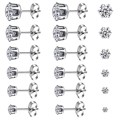 6 Paare Damen Silber Ohrstecker Set Diamant für Mädchen Herren Edelstahl Hypoallergen Ohrringe Cubic Zirkonia Brilliant Ohrstecker Schmuck Geschenk 3-8mm