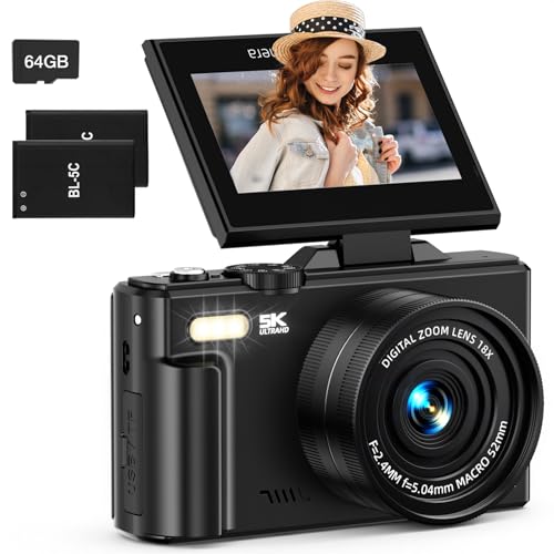 5K Digitalkamera für Fotografie, 75MP WiFi Vlogging Kamera für YouTube mit 3 Zoll 180° Flip Screen, UHD Autofokus Video Camara mit 18X Zoom, Kompakte Vlog Reisekamera mit 64GB SD-Karte, 2 Akkus