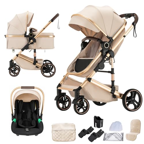 Shineey Kinderwagen 3 in 1, Alltags Buggy Faltbarer Kinderwagen Set, Kombikinderwagen 3 in 1 mit Großer Bequemer Babywanne, Laufwagen Rahmen Aluminiumlegierun (H9 BEIGE, H9)
