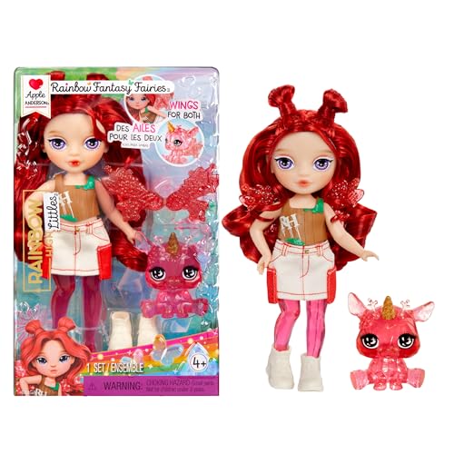 Rainbow High Littles Rainbow Fantasy Fairies & Pet - Apple, Rot - 14 cm Kleine, Bewegliche Puppe & Fantasie-Hirsch mit Austauschbaren Feenflügeln, Süßes Geschenk für Kinder ab 4