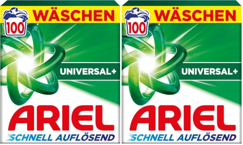 Ariel's schnell auflösendes Vollwaschmittel Pulver Universal+, 100, 100 Wäschen, Universal+, Fleck-weg-Power in 1 Wäsche, Sofortige Wirkung, selbst in kaltem Wasser (Packung mit 2)
