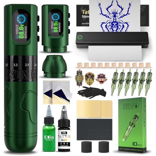 INKin Tattoo Maschine Set, Kabelloser Tätowiermaschine mit 2.0-4.2mm Hublänge und 1600mAh Batterien, Tattoo Zubehör Set Komplett mit Tattoo Drucker Bluetooth,Stencil Stuff,Tattoo Farbe und Nadeln