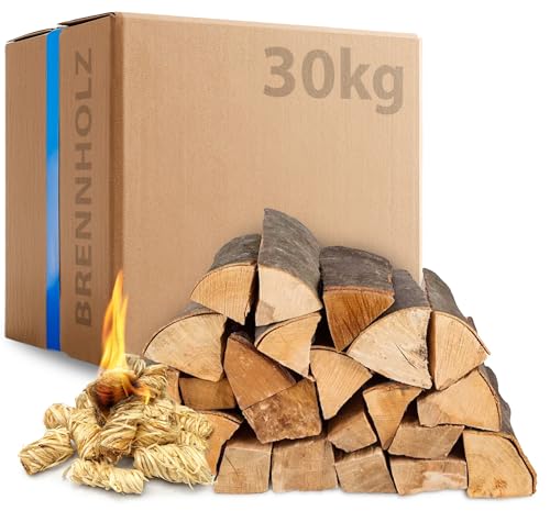 30 kg Buchen Brennholz, 30 cm kammergetrocknet, mit 15 Kaminanzündern, ideal für Kamin, Ofen, Feuerschale, Grill, Smoker, umweltfreundlich, raucharm, nachhaltige Verpackung, sofort verwendbar