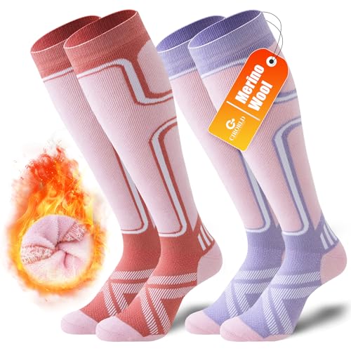 Cirorld 2 Paar Skisocken aus Merinowolle für Damen Herren, Wärmende Wolle Thermosocken Dicke Wintersocken für Kaltes Wetter, Schnee, Skifahren, Snowboarden, Rosa&Violett 35-38