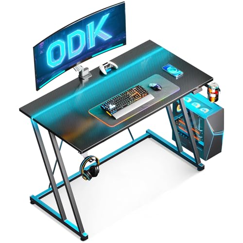 ODK 100 × 50 cm Gaming Tisch mit LED, Gaming Schreibtisch mit Becherhalter und Kopfhörerhaken, Doppel-Z-Rahmen-Design Kleiner Computertisch, Carbon Fiber Schwarz