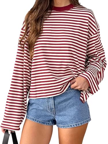 Damen Gestreiftes Langarm-Top Rundhalsausschnitt Farbblock Basic T-Shirt Casual Locker Ausgehen Pullover Y2k Streetwear, rot (a), S