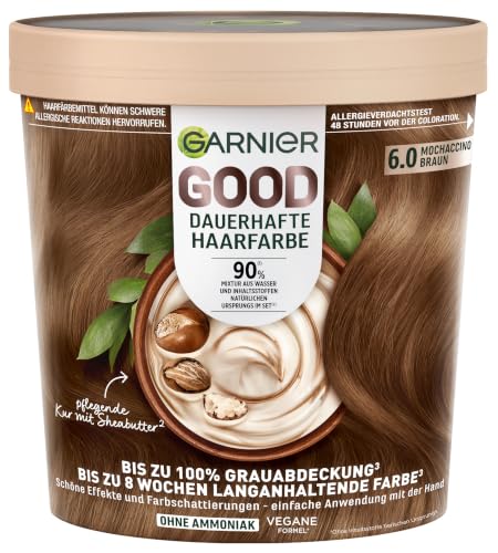 Garnier GOOD Dauerhafte Haarfarbe 6.0 Mochaccino Braun, permanente Coloration, ohne Ammoniak, bis zu 100% Grauabdeckung, bis 8 Wochen langanhaltende Farbe, einfache Anwendung, angenehmer Duft, 1 Stk.