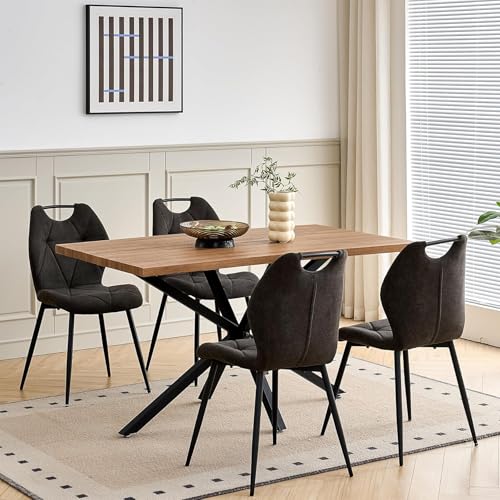 DEYARNA HOME Essgruppe Set Tisch und Stühle, Rechteckiger Esstisch (140 cm) mit 4 Esszimmerstühlen aus Leinenstoff und Griff für Küche, Esszimmer (Dunkles Holzdekor+4*stühle (Schwarz))