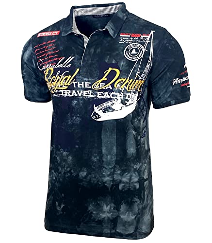 Herren Poloshirt Verwaschen Kurzarm Polo T-Shirt Slim Fit Design Fashion Top Print Royal Denim Batik Shirt 151, Farbe:Schwarz, Größe:M