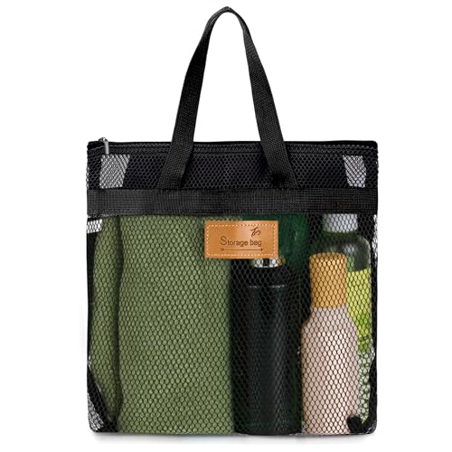 KALIONE Duschtasche, 1 Stück Duschtasche mit Griff, Tragbare Strandtasche, Netz-Duschkorb, große Kapazität, Reise-Duschtasche für Fitnessstudio, Duschraum, Strand, Reise-Toilettenartikel (Schwarz)