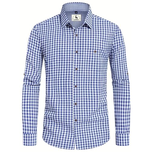 Trachtenhemd Herren Oktoberfest Hemd Outfit Tracht kariertes Hemd Blau Trachtenhemden Kurzarm Freizeithemd Langarm Karohemd Baumwolle L
