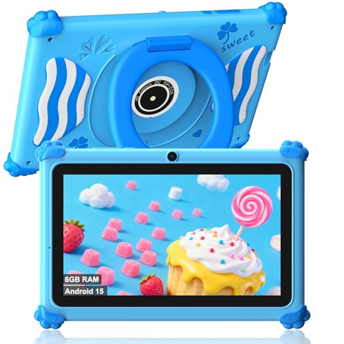ascrecem Kinder Tablet 7 Zoll Android 15 Tablet Kinder mit 2.4G+5G WiFi6 Penta Core 6GB RAM 32GB ROM Kindertablet Widevine L1 Dual Kamera 128GB Erweiterun Kindersicherung Lernspiele (Blau)