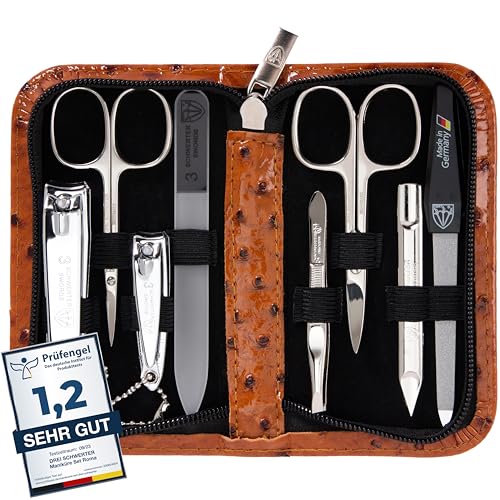 DREI SCHWERTER - Maniküreset 'Roma' - Nageletui mit 8 Instrumenten: Nagelschere, Hautschere, Fuß/Finger-Nagelknipser, Nagelreiniger, Pinzette, Glasnagelfeile, Saphirnagelfeile - cognac/straussoptik