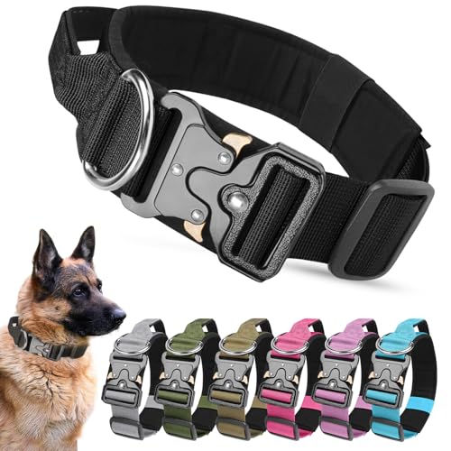 AKOFIC Taktisches Hundehalsband mit Griff, Breites Halsband Hund Gepolstert aus Nylon, Verstellbar Robuster Dog Collar mit Metallschnalle für Mittlere Große Hunde (Schwarz, M)