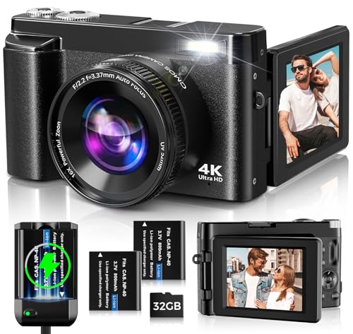 Digitalkamera,Oiadek 4K 48MP Autofokus Kamera Fotokamera mit 32 GB Speicherkarte 16-Fach Digitalzoom,Kompaktkamera mit 3,0 Zoll 180°-Klappbildschirm und Ladegerät für Anfänger