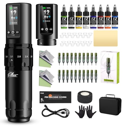 EZ Tattoo Maschinen Set - Tattoo Set mit 7 Hübe 2.0-4.0mm Kabelloser Tattoo Maschine, Extra 1600mAh Stromversorgung Akku, 20 Stück Tattoo Nadeln für Tattoo Anfänger und Künstler (X30)