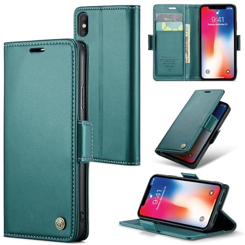 Rerzoiro Handyhülle für iPhone X Hülle, iPhone XS Hülle, Premium PU Lederhülle Klappbar Flip Case [RFID Blocker] Tasche Magnet Kartenfach Klapphülle Schutzhülle für iPhone X/iPhone XS, Türkis