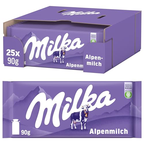Milka Alpenmilch-Schokolade – klassische Tafelschokolade aus zarter Alpenmilch im Vorratspack – 25 x 90g
