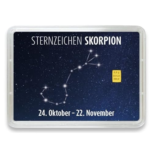 Goldstücke24 - Goldbarren mit Sternzeichen in Motivbox - Tolle Geschenkidee - Echtheitsgarantie (Skorpion: 24. Oktober - 22. November, 0,5g Gold)