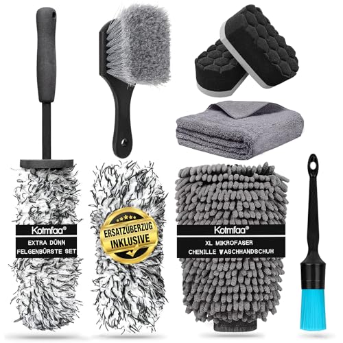 Kotmfaa Felgen Reinigungsset mit Mikrofaser Felgenbürste extra dünn, Reifenbürste, Auto Detailing Pinsel, Reifenglanz Schwamm, Trockentuch, Waschhandschuh | schonende- & kratzfreie Autowäsche Pflege