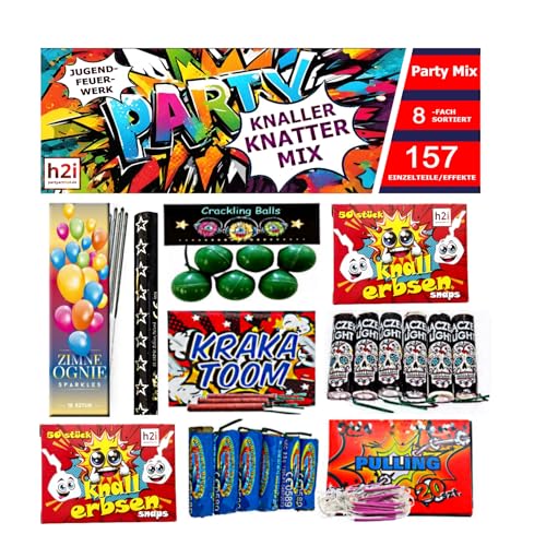 h2i Knaller Knatter Premium Mix | 157 Teile | 8fach Sortiert & handverlesen| Partyspaß für Klein & Groß I für Silvester Halloween & Partys | Kinder & Jugendfeuerwerk | a | Ganzjahresfeuerwerk Kat. F1