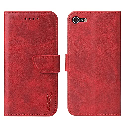 LOLFZ Hülle für iPhone 6 Plus iPhone 6S Plus, Premium PU Leder Handyhülle mit Kartenfach Ständer Magnetische Stoßfeste Schutzhülle für iPhone 6 Plus 6S Plus - Rot