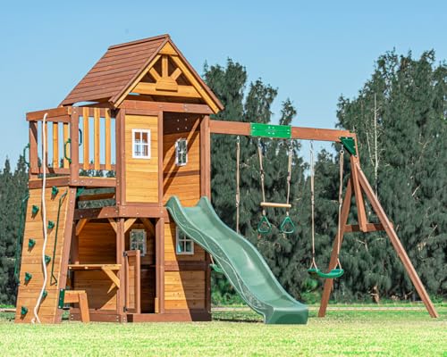 DOLPHIN PLAYGROUND T Schaukel-Set mit Rutsche, 2 Schaukeln, Trapezstange, Kletterwand & Spielhaus mit Spielküche und Holzdach – Outdoor-Spielgerät aus Zedernholz für Kinder ab 3 Jahren