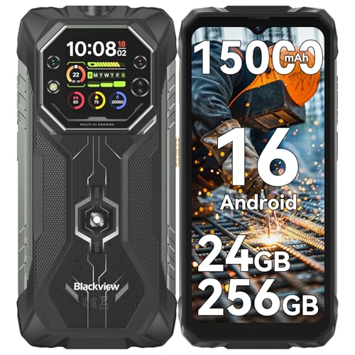 Blackview Rock 1 Android 16 Outdoor Handy für Baustelle &Camping, 15000mAh Dual-Screen Smartphone Ohne Vertrag, 20MP Nachtsicht,IP69K Wasserdicht, 24GB+256GB,Gemini AI/NFC/3 Jahre Garantie