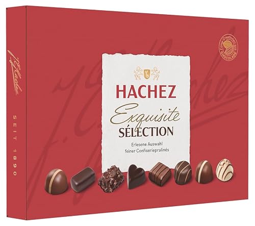 HACHEZ Exquisite Pralinés 200g – 19 edle Confiserie Pralinen mit feinen Füllungen wie Karamell, Vanilletrüffel & Marzipan, Premium Geschenkbox aus hochwertigem Edelkakao