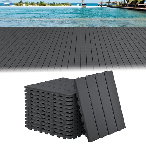 UISEBRT Terrassenfliesen Balkonfliesen mit Aussehen der Holzmaserung, Klickfliesen Terrasse für Balkon Garten, Wetterfeste Platten mit Drainagefunktion, 30x30 cm - Anthrazit(44 Stück=4㎡)