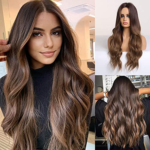 HAIRCUBE Langhaar Perücken für Frauen Ombre Farbe Brown Synthetisch Lockige Haare Perücke Mittelscheitel