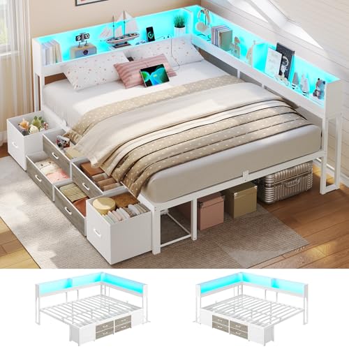 AOGLLATI Bett 140x200 mit Stauraum Schlafsofa mit Integriertem Bücherregal & 6 Schubladen,Jugendbett mit LED-Beleuchtung & Ladestation Gästebett Tagesbett Bettgestell mit Lattenrost (Weiß, 140x200cm)