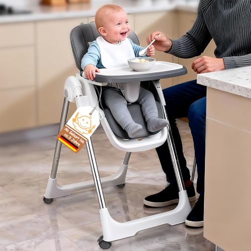 Soontrans Hochstuhl Baby, Sicher am Familientisch zum Essen Spielen Entdecken, Mitwachsend Ab Geburt bis Kleinkind, Liegeposition & Höhenverstellbar & Klappbar, aus Metallrahmen & Gepolstert(Anthrazit
