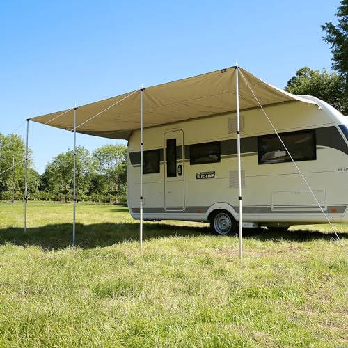 your GEAR Caravan Tarp TC Wohnwagen Sonnendach – wasserdichtes Baumwoll-Sonnensegel mit UV 50+, Alu-Teleskopstangen, in 5 Größen (Beige/Sand, 500 x 240 cm)