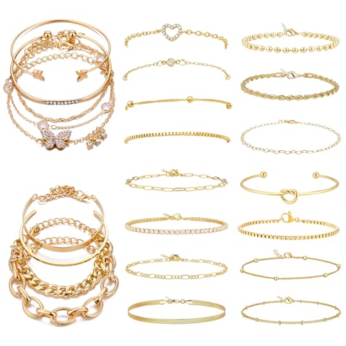 JSTHHTT 24 Stück Armband Damen Gold, Stapelbare Armbänder Damen Gold, Armband Set Gold, Schmuck Damen, Goldschmuck dDamen, Verstellbaren, Wasserdicht, Modeschmuck Geschenk Set für dDamen Mädchen