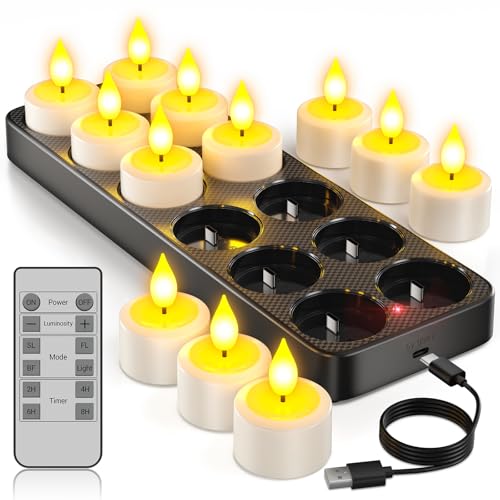 Yme 12er LED Teelichter Wiederaufladbar mit Ladestation und Fernbedienung | Dimmbar Aufladbare Teelichter LED Kerzen, 2 Std. Ladezeit, 50–150 Std. Laufzeit, mit 4 Lichtmodi und 2/4/6/8 Std. Timer